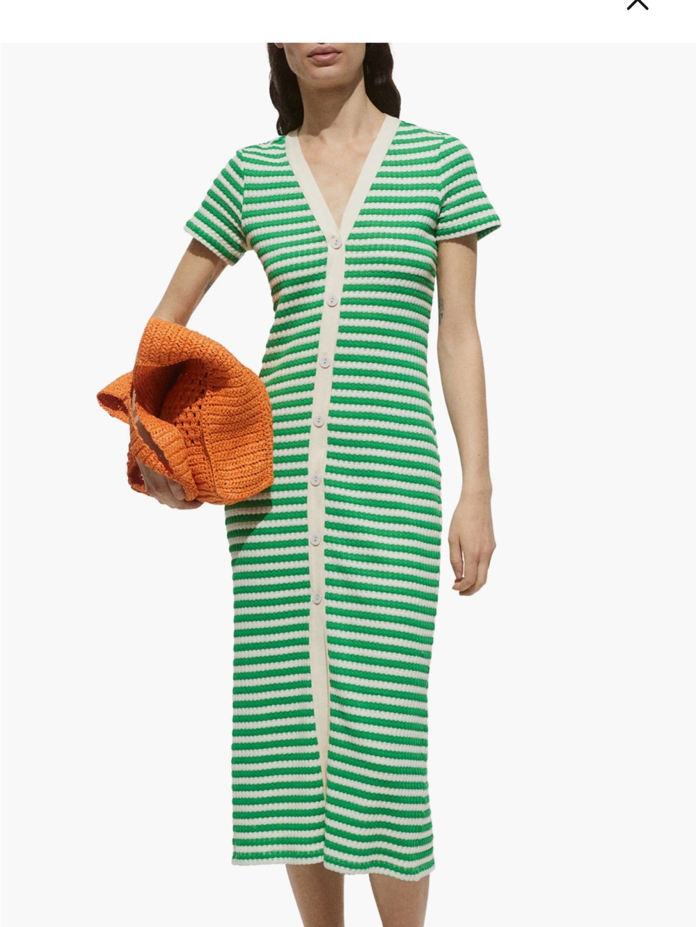 Mango Green & Cream Striped Knit Button Front Midi Dress
